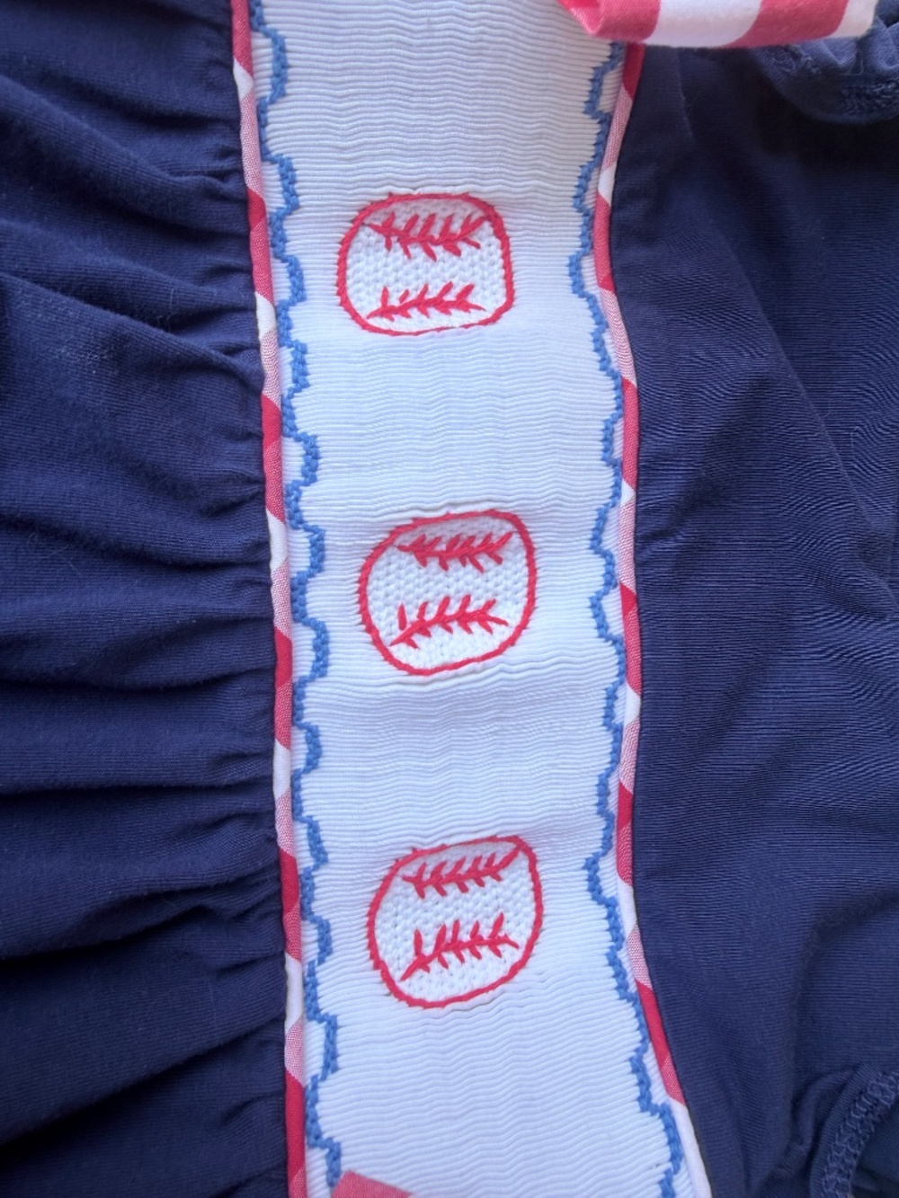 Toddler Smocked Baseball and Bows Ruffle Shirt and Gingham Ruffle Shorts - Picture 3 of 7